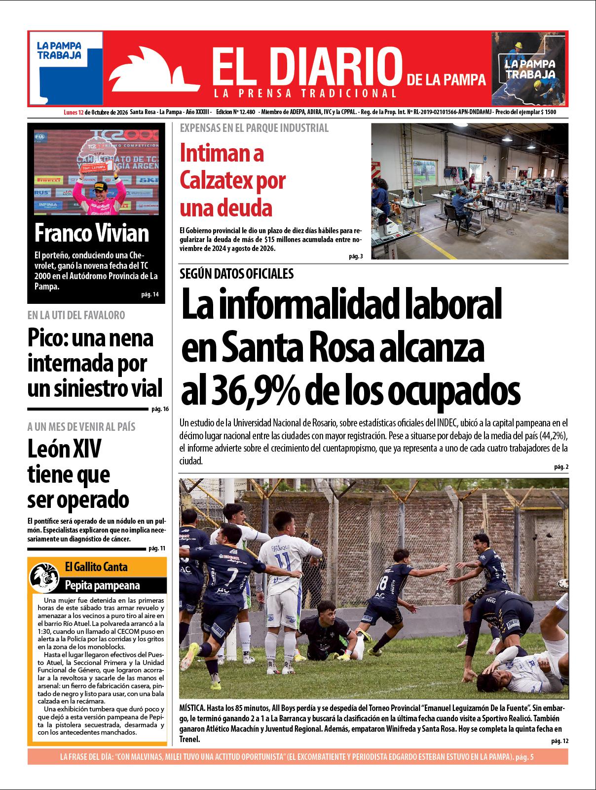 Tapa de El Diario en papel  lunes 12 de octubre de 2026